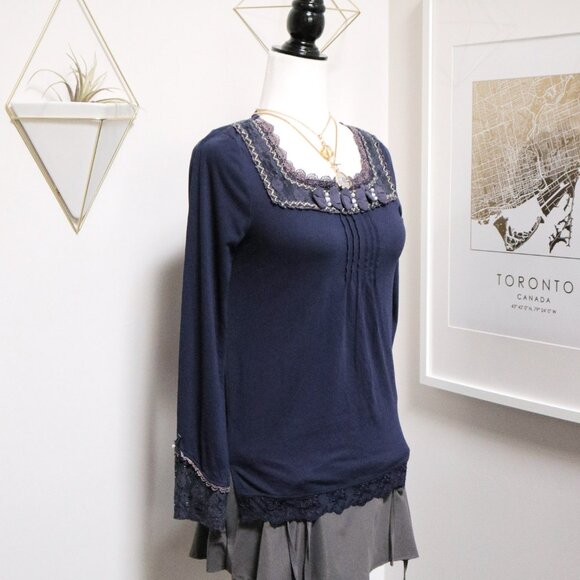 Navy Blue Lacy Babydoll Long Sleeve Tee 🌌 AXES FEMME - Picture 5 of 10